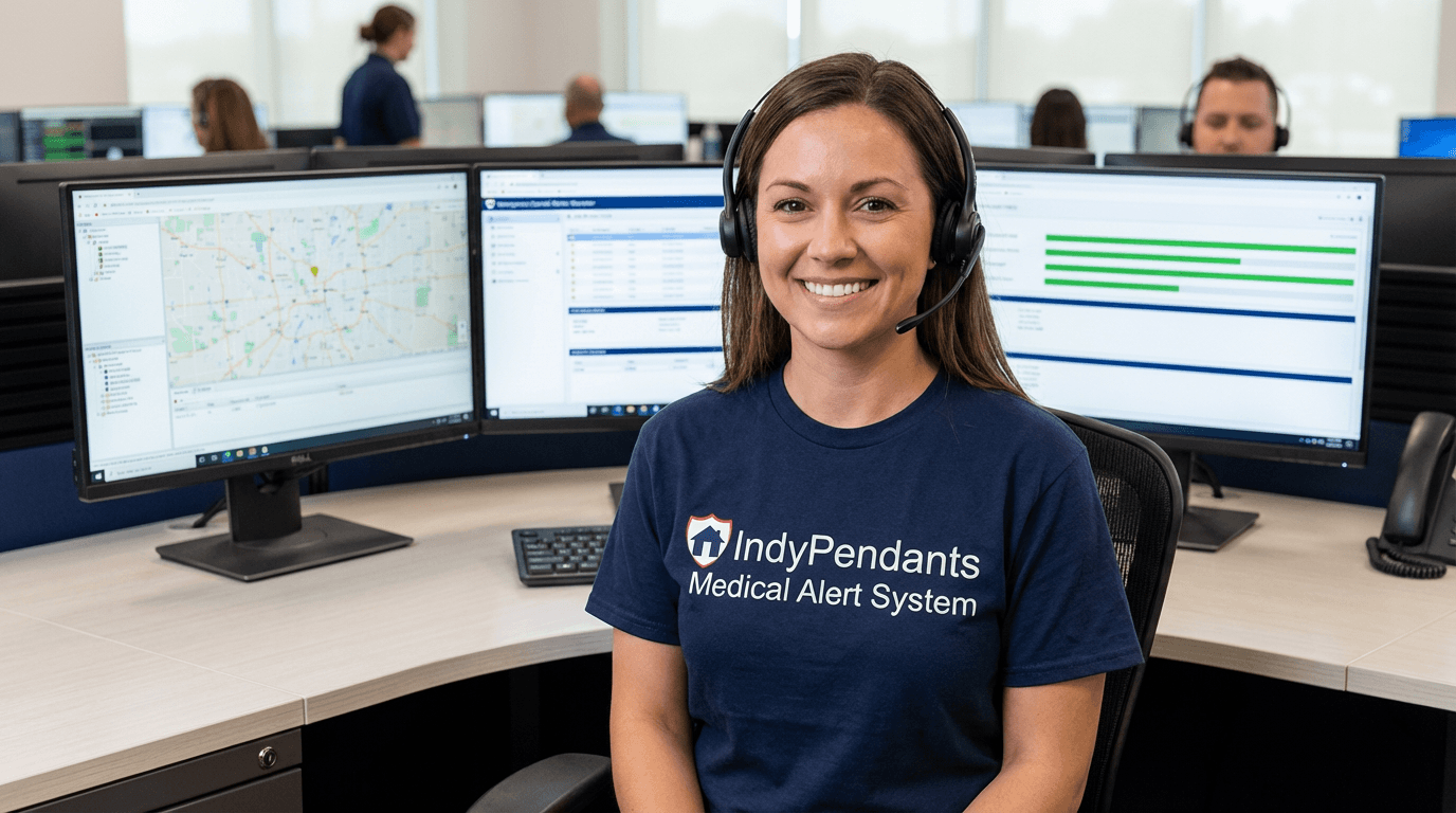Smiling female emergency call center operator wearing a headset, sitting at a modern workstation with multiple screens, professional and approachable